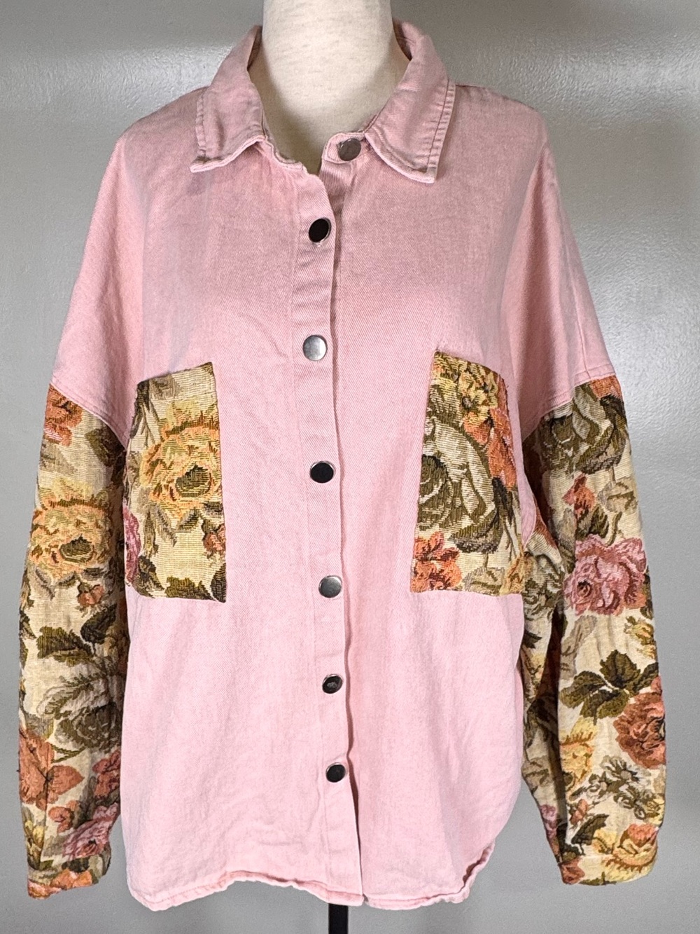 POL Boutique Pink Floral Tapestry Cottagecore Button Front Oversized Shirt Sz M